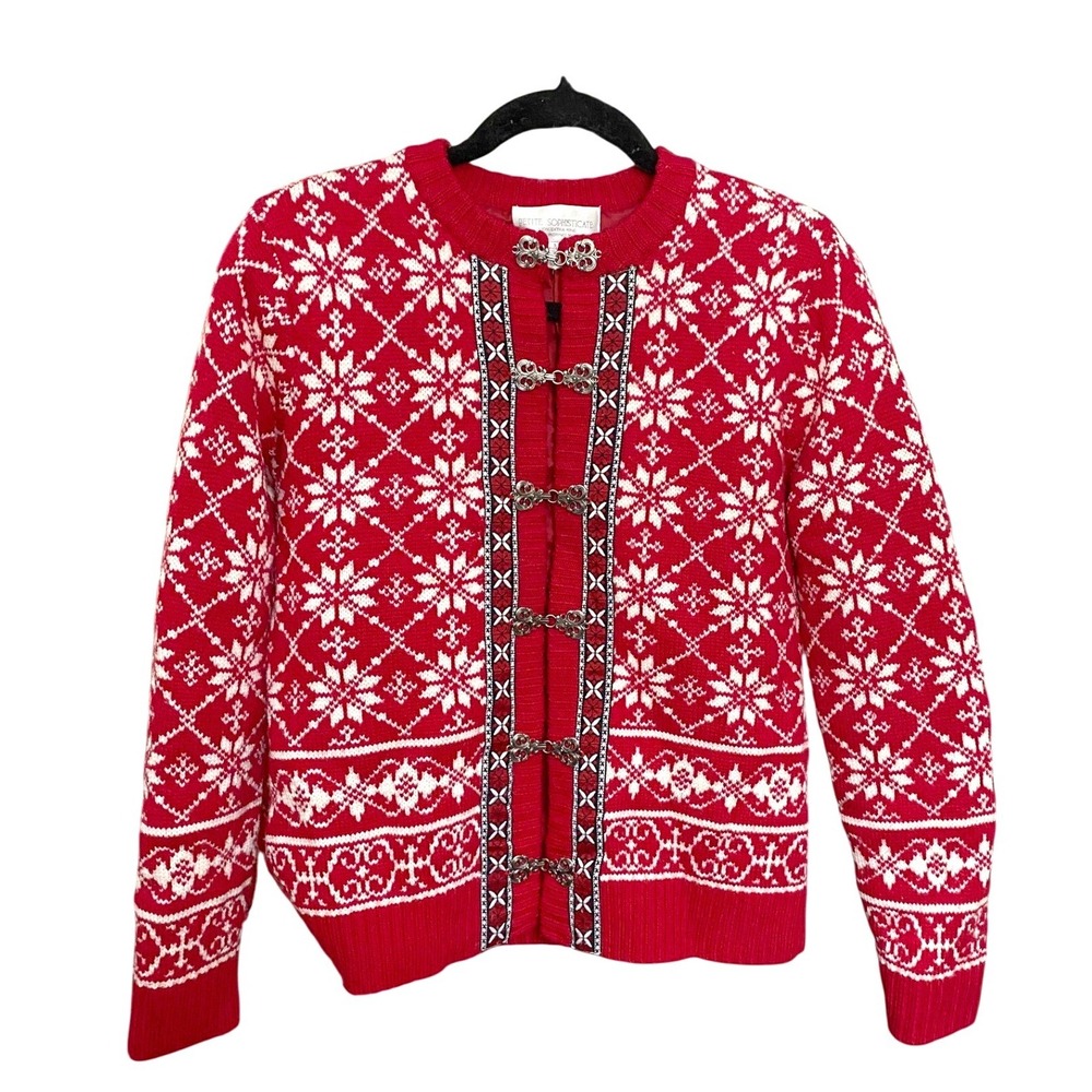 Vintage Italian Merino Wool Red Fair Isle Nordic Cardigan Sweater Small‎ Scandi